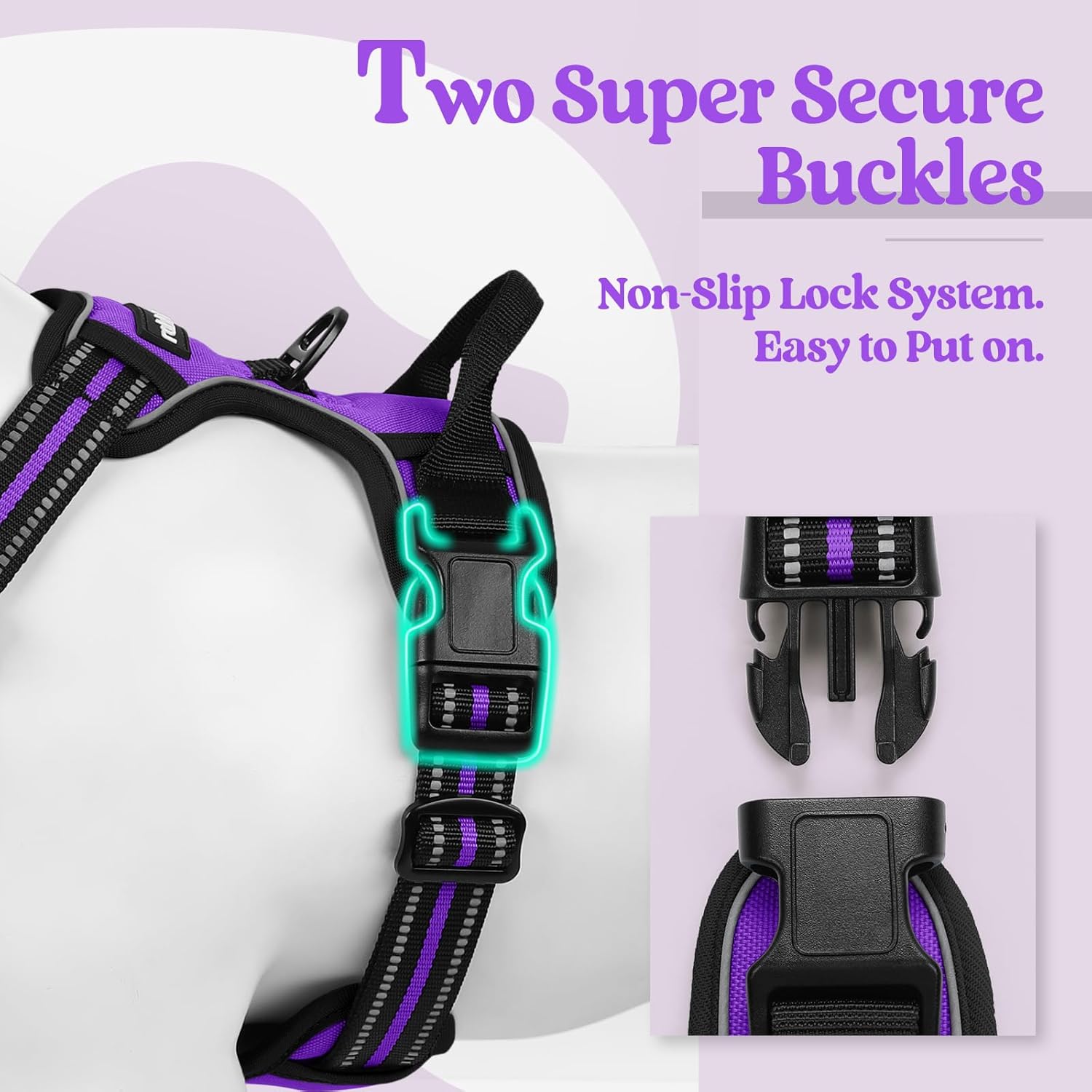 Medium rabbitgoo Dog Harness No Pull with 2 Leash Clips, Adjustable Soft Padded, Reflective Oxford No Choke Pet Vest with Easy Control Handle for Medium Sized Dogs, Purple, M